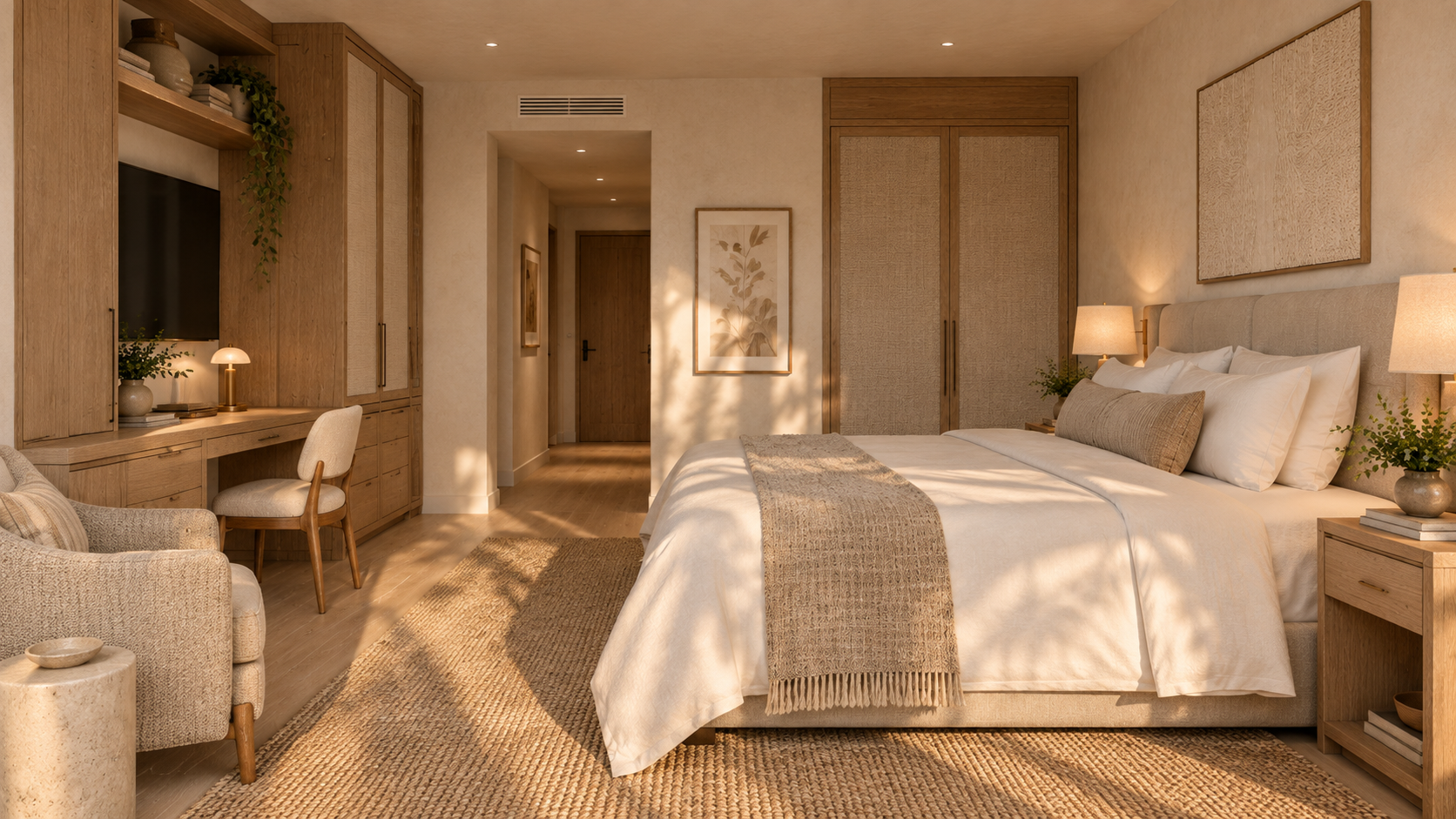 Bedroom with desk nook of a Building 71 residence